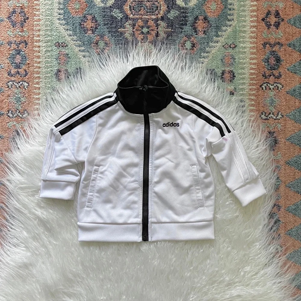 adidas baby zip up jacket white black track jacket athletic sporty toddler 6 mo